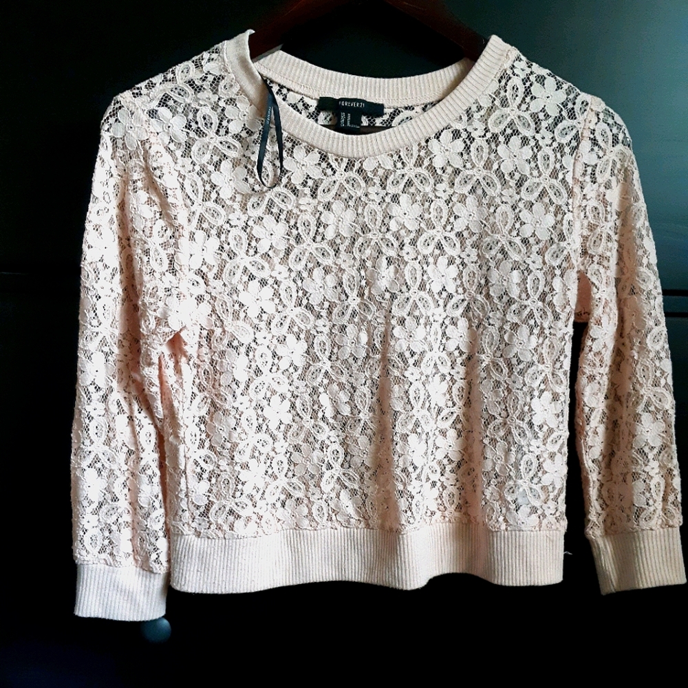 F21 Lace crop sweater in nude pink